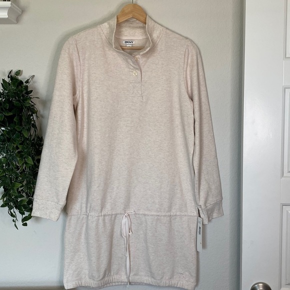 DKNY Sweatshirt Dress with Drawstring Drop Waist - Cream - Small - Picture 1 of 9